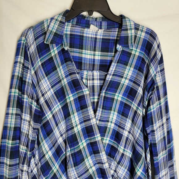 Gap Women's Long Sleeve Shirt Blue White Plaid Elastic Waist V Neck Size Medium - Picture 4 of 7